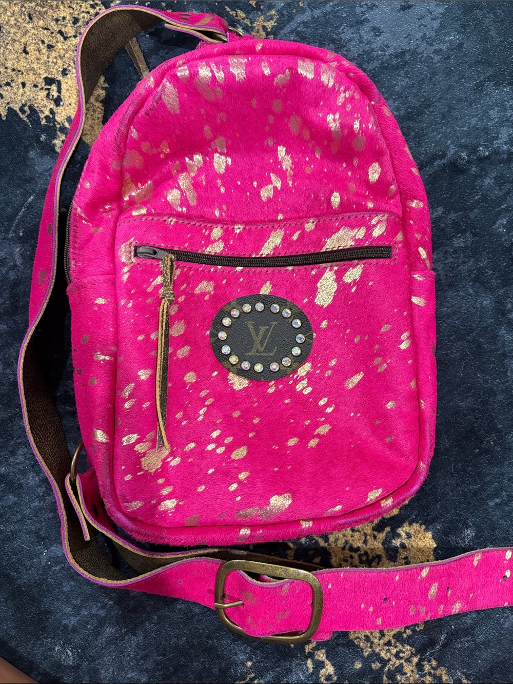 Keep It Gypsy Pink Gold Splatter Faux Fur Mini Backpack Crossbody LV Patch